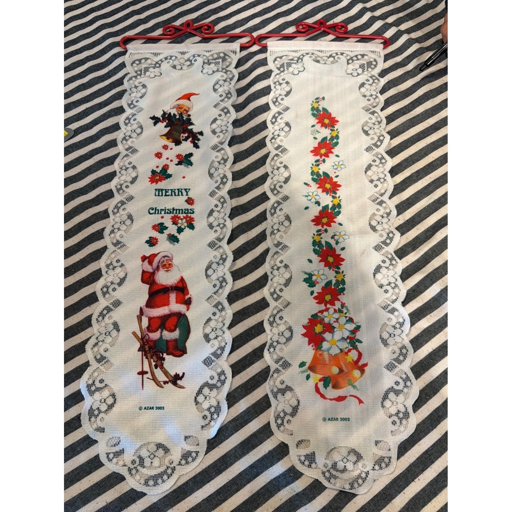 Vintage 2002 Azar Christmas Lace Wall Hangings Set of 2 Santa Poinsettia 26 Inch
